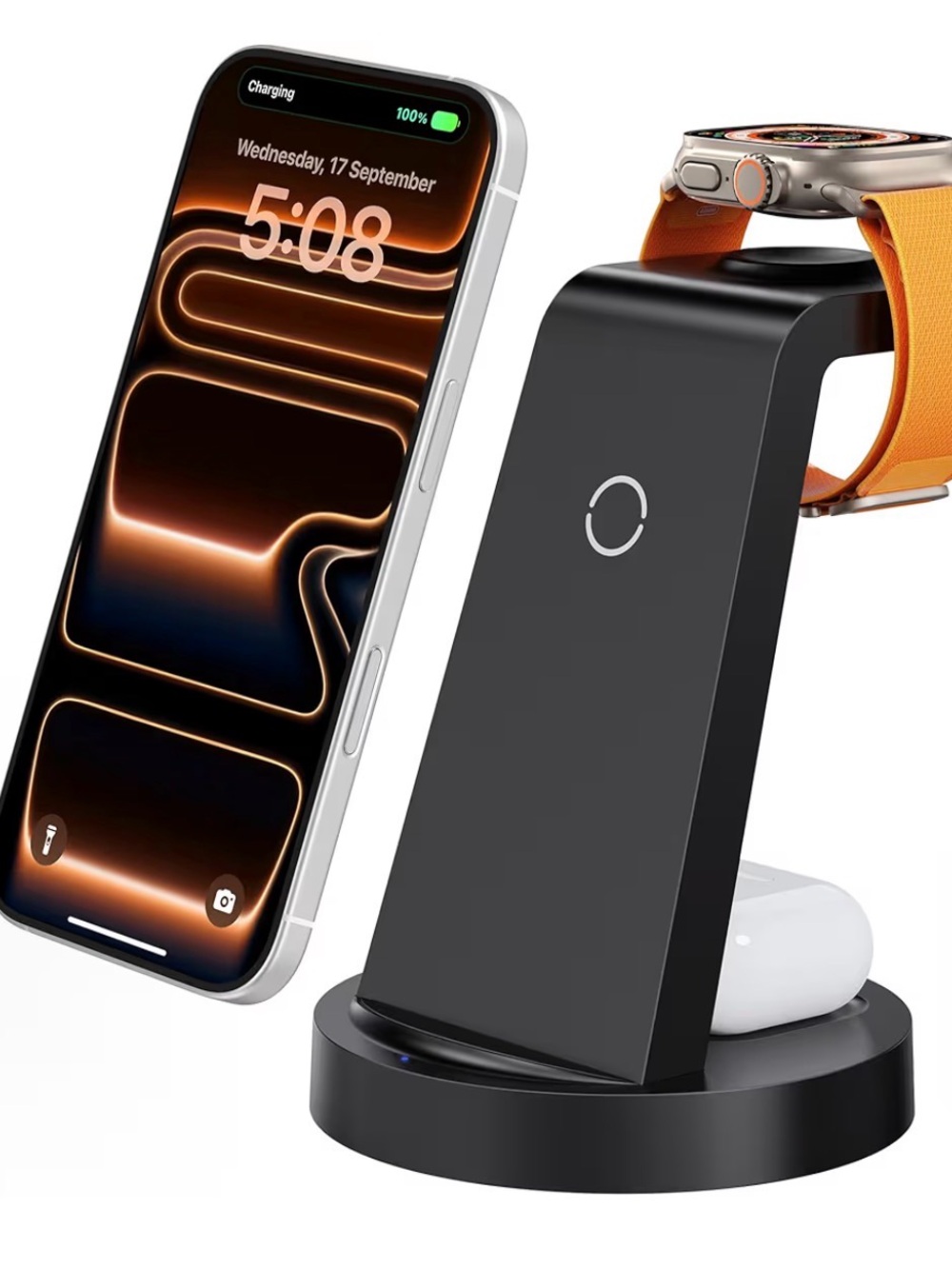 3-in-1 Wireless Charging Stand Dock for Phone, Watch & Earbuds - Black